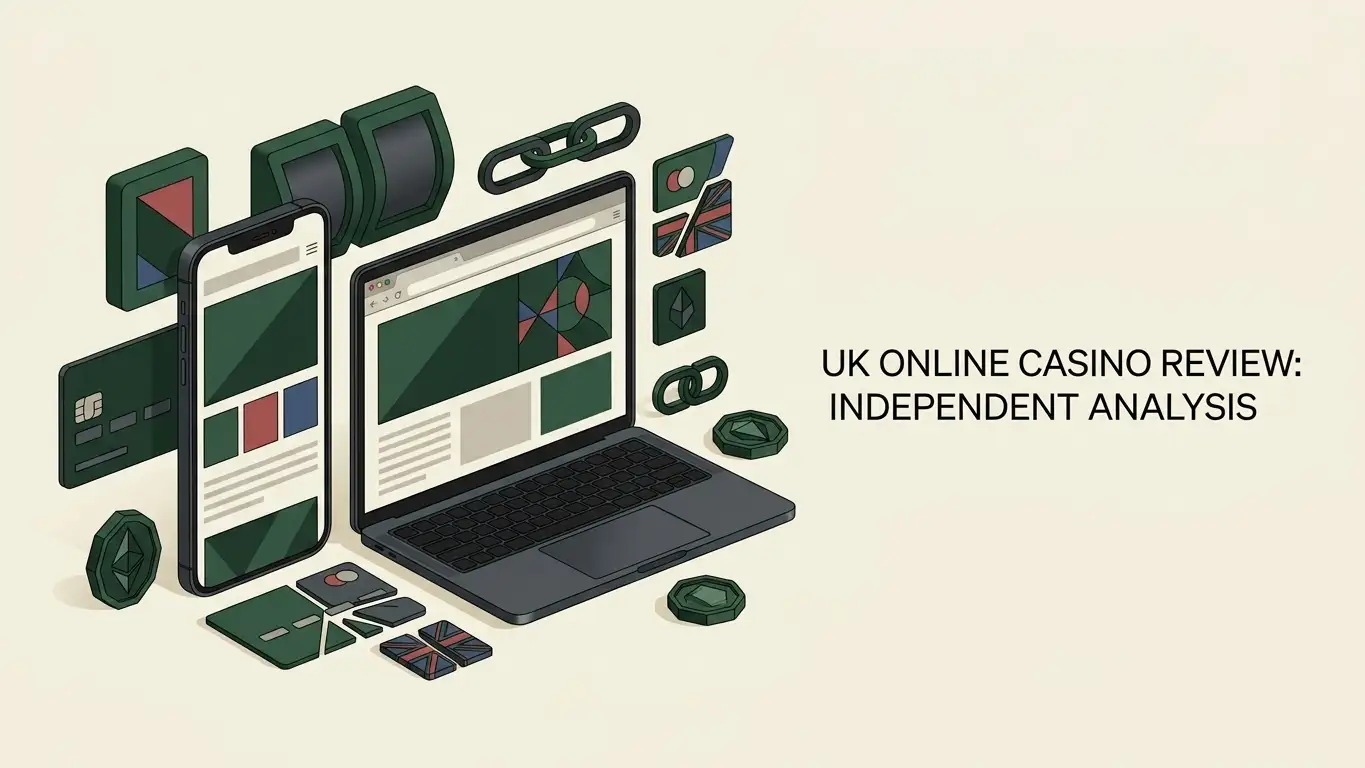 Editorial illustration representing a UK-focused Nika Casino review with mobile gaming and payment themes