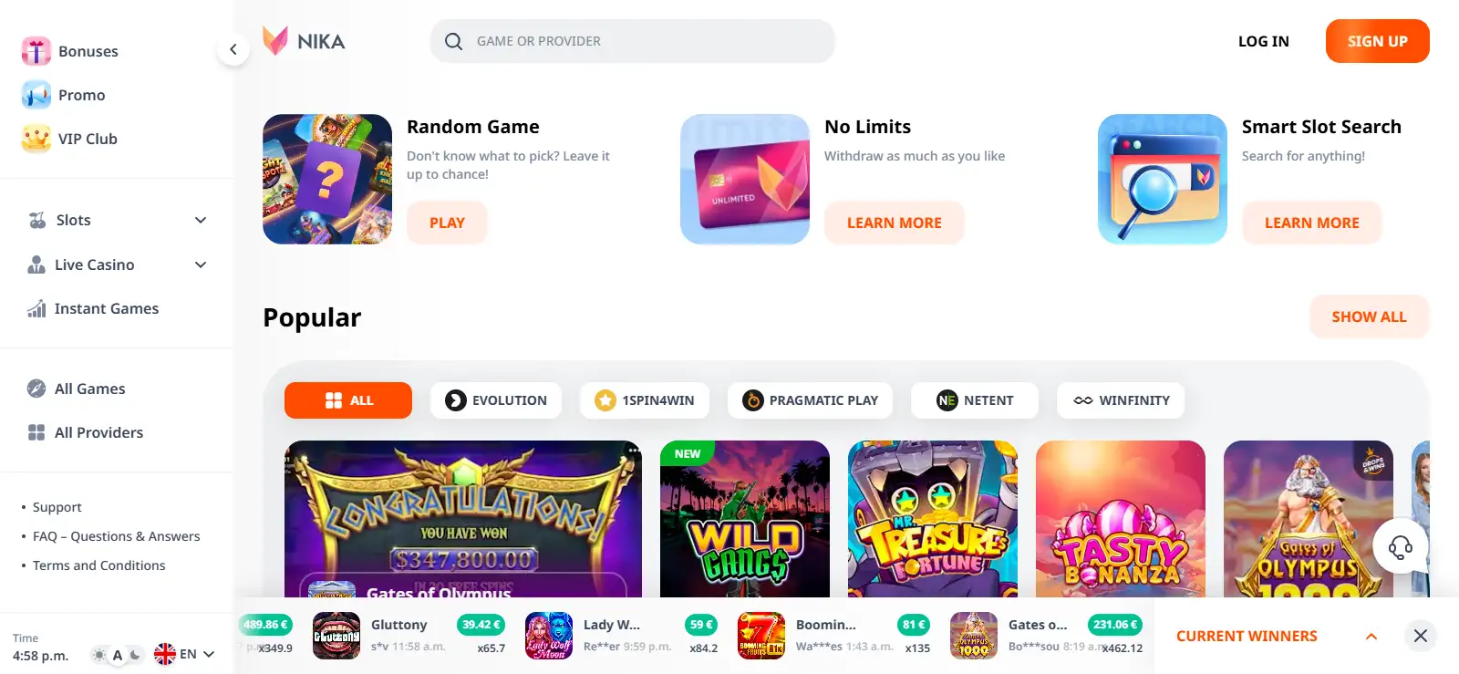 Current Nika Casino homepage or lobby interface reference